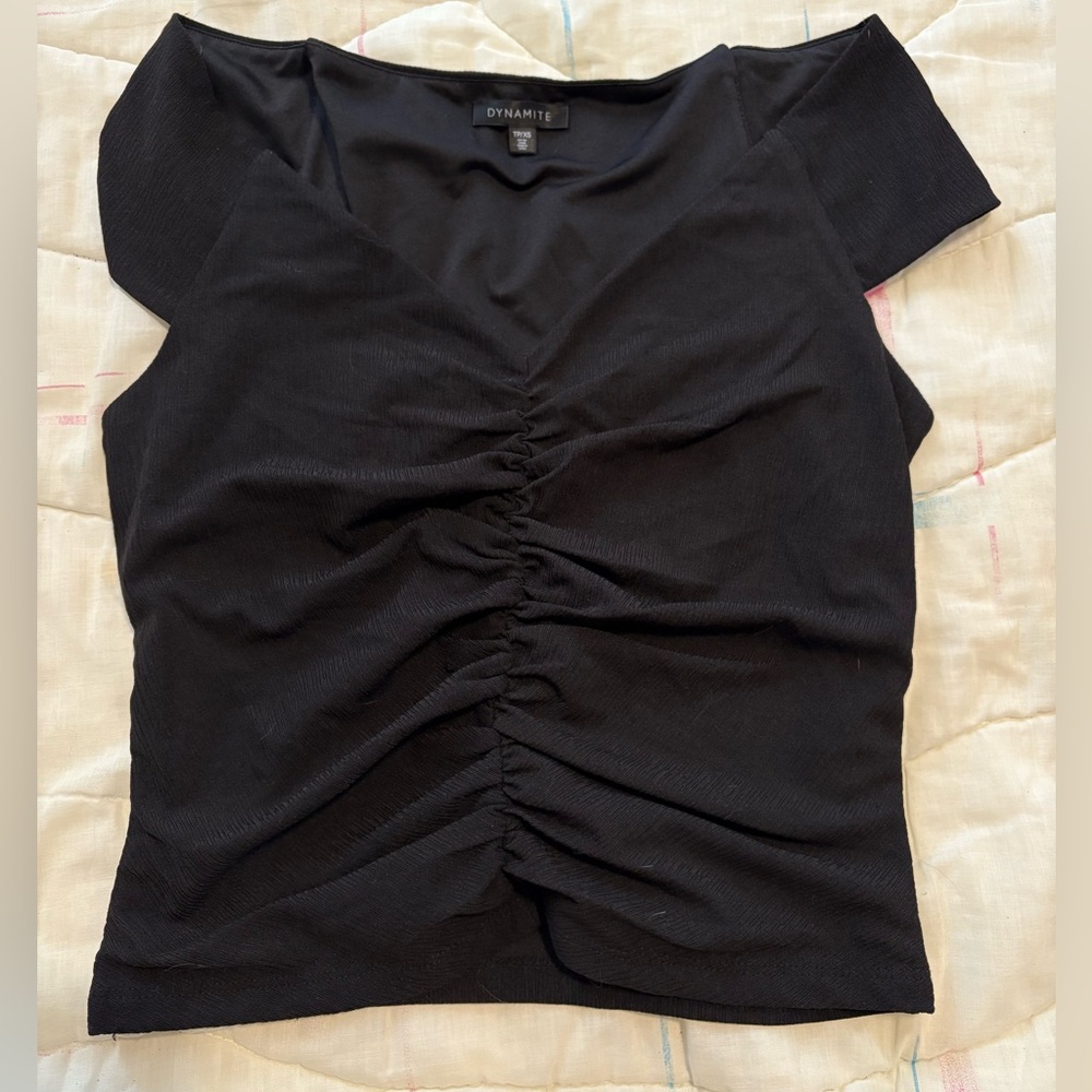 DYNAMITE Black Ruched Cap Sleeve Blouse, Size XS